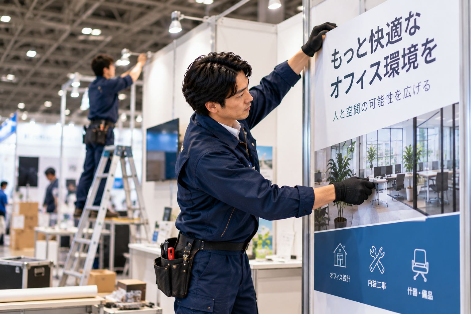 展示会ブースの設営作業をする職人たち