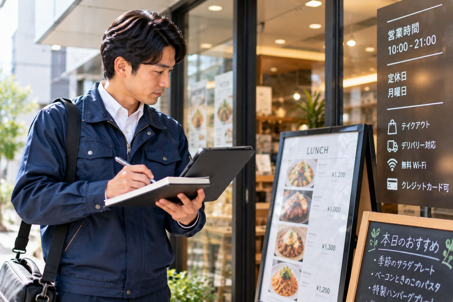 店先でメニューボードを確認するスタッフ