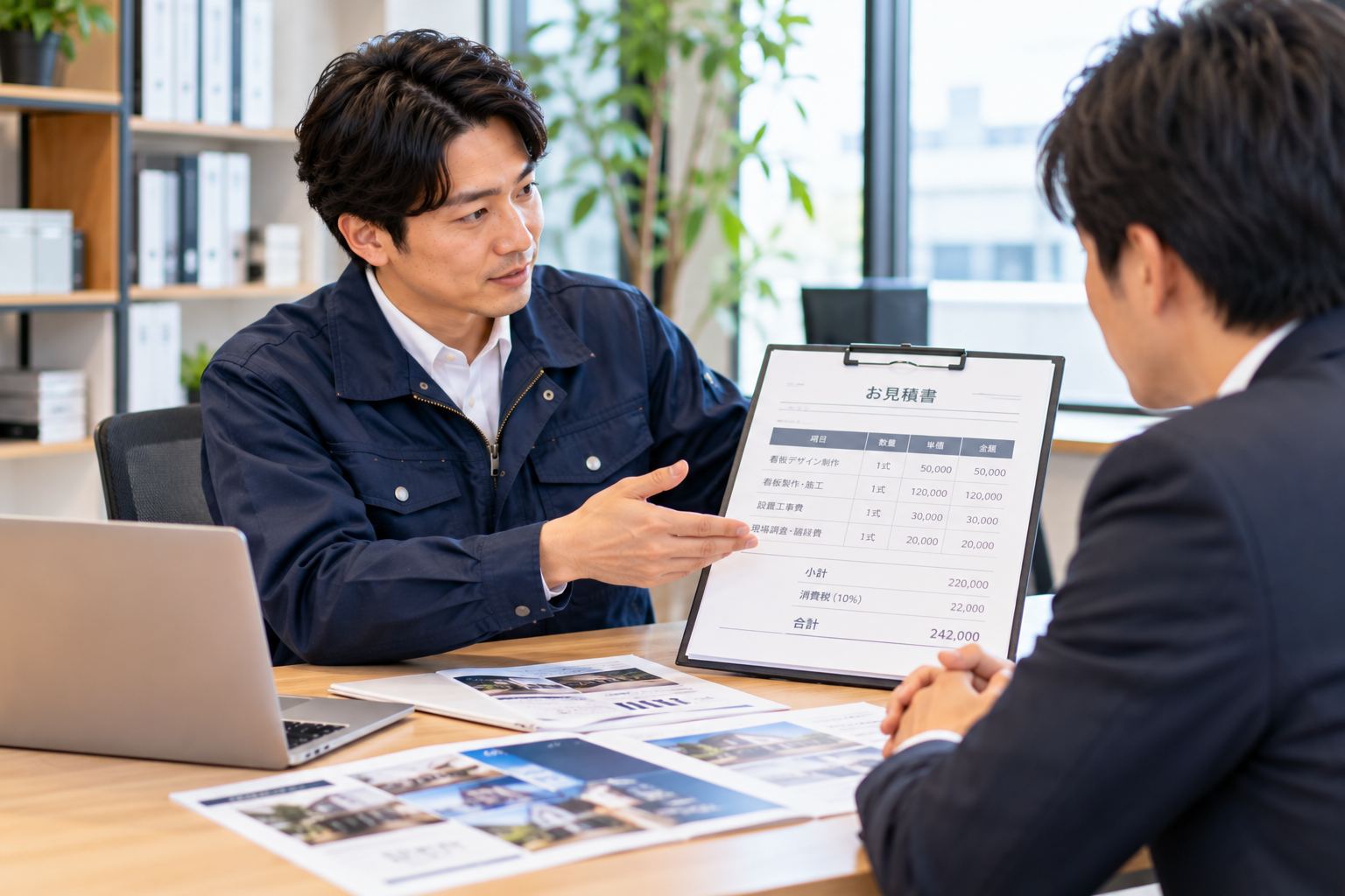 見積書を見せながら説明する様子