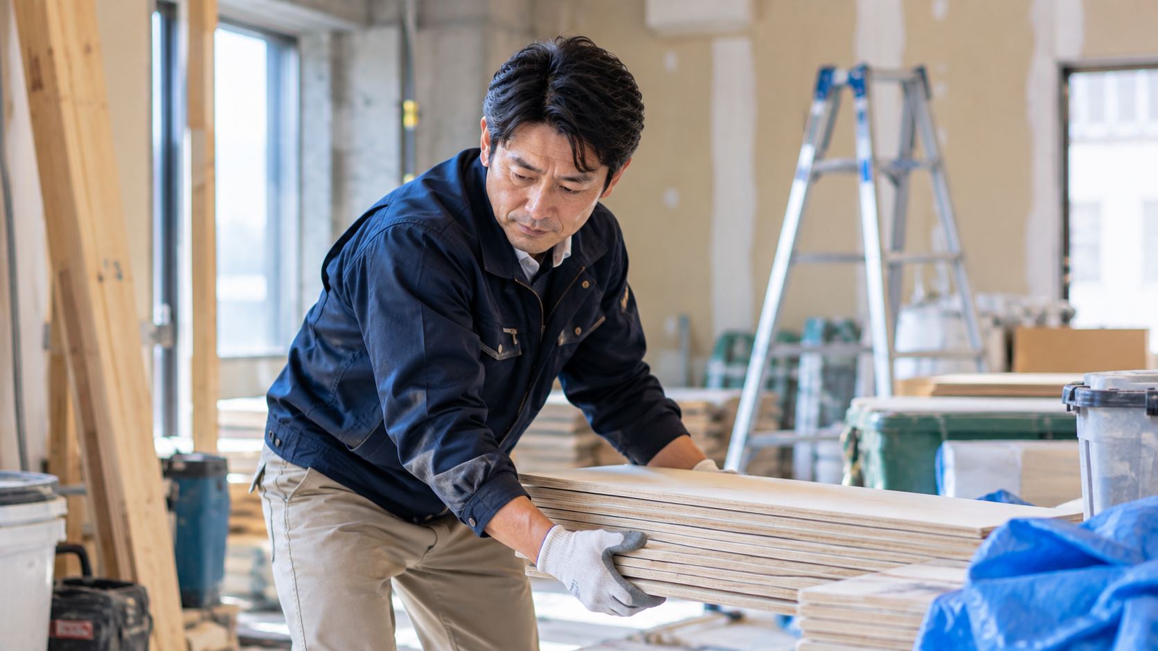 改装現場で板材を運ぶ作業員