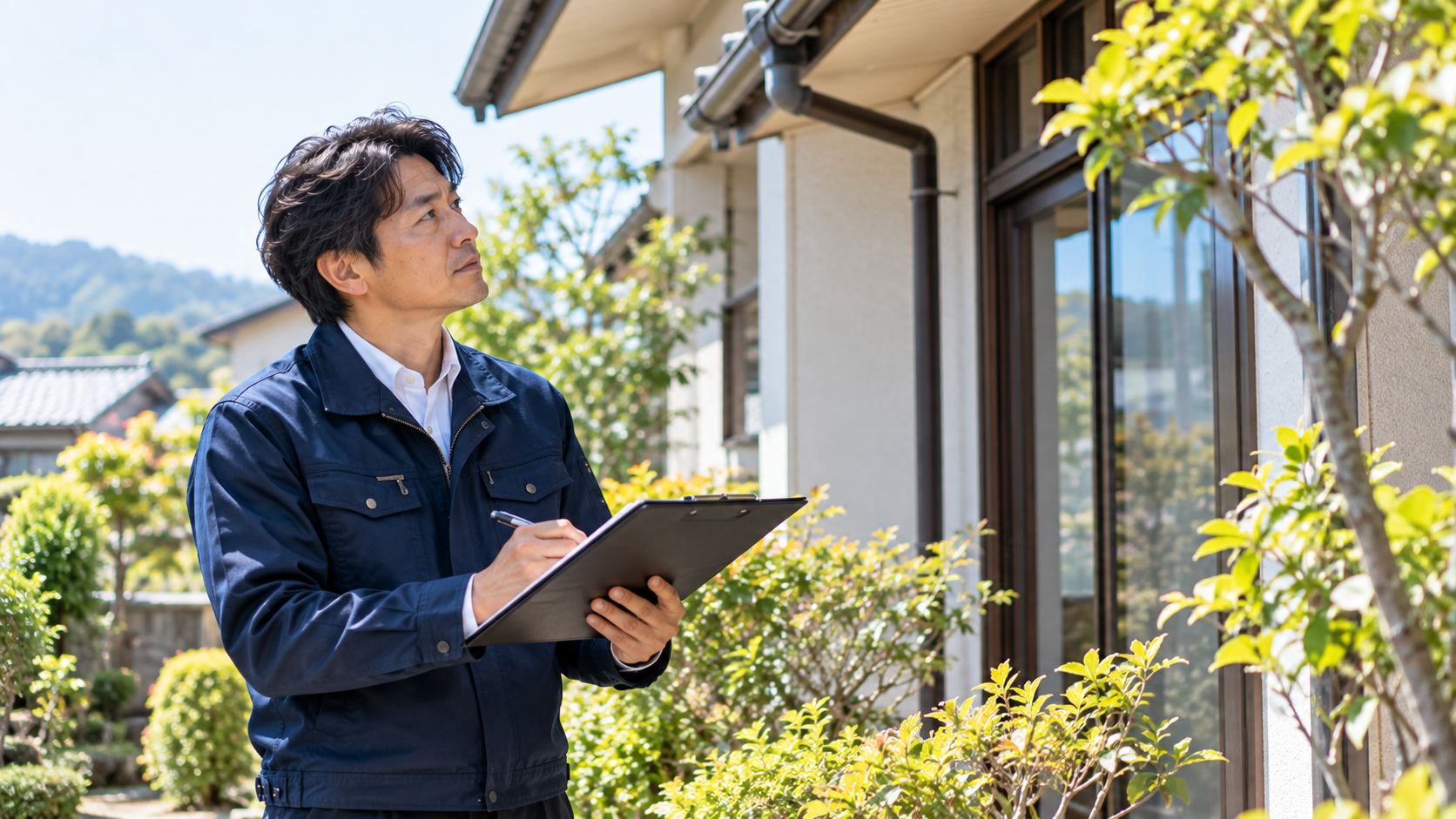 住宅の外回りを点検して記録する作業員