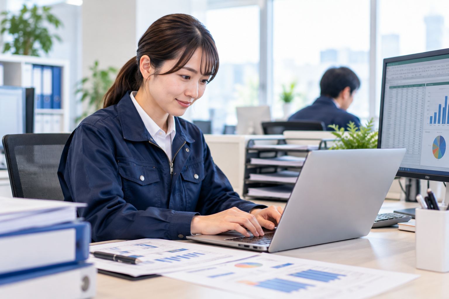 明るいオフィスでパソコン作業をする女性
