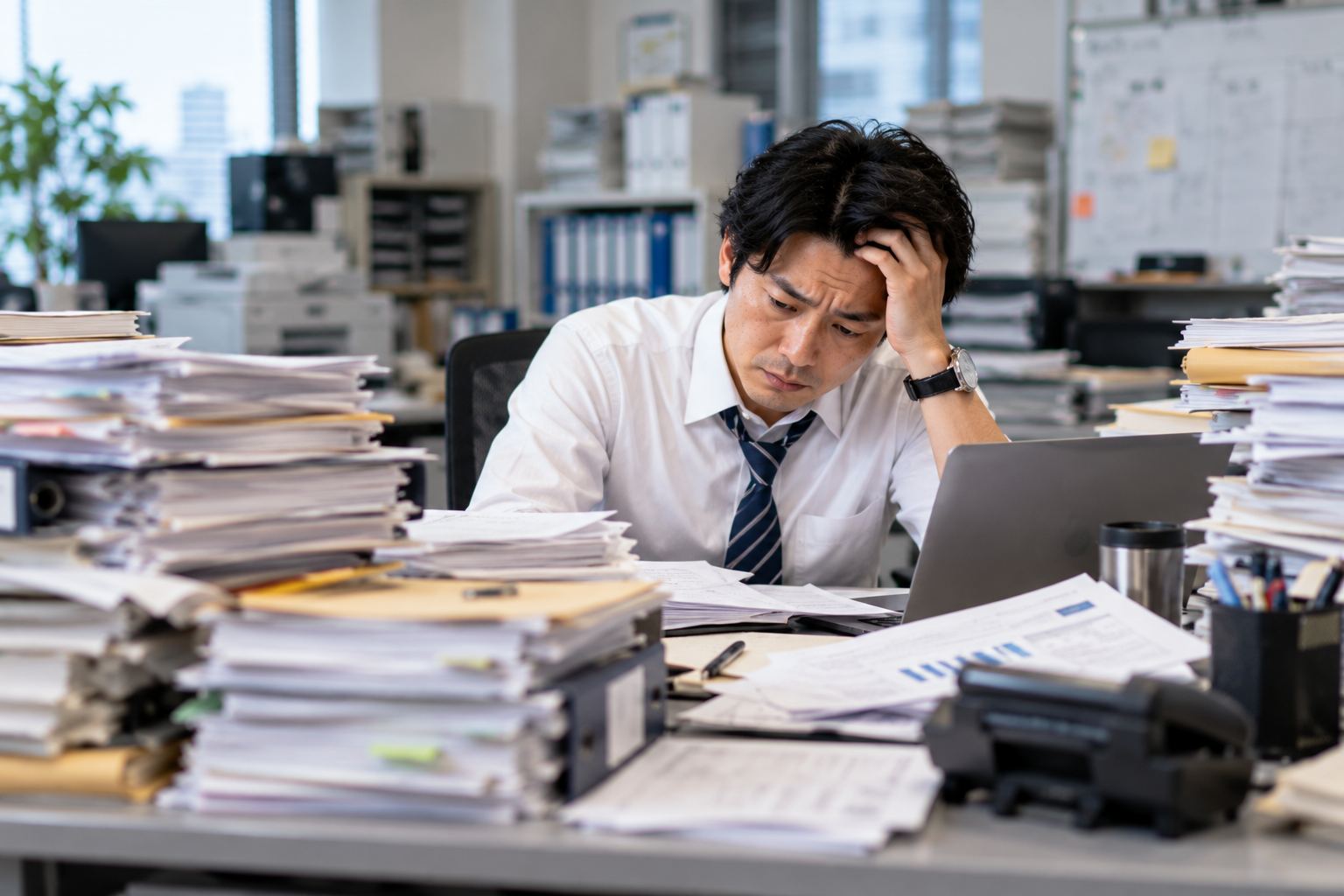 山積みの書類を前に頭を抱える会社員