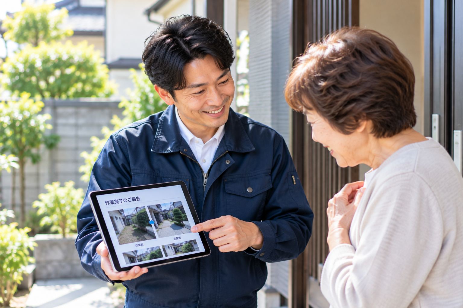 タブレットで作業完了の報告を確認する様子