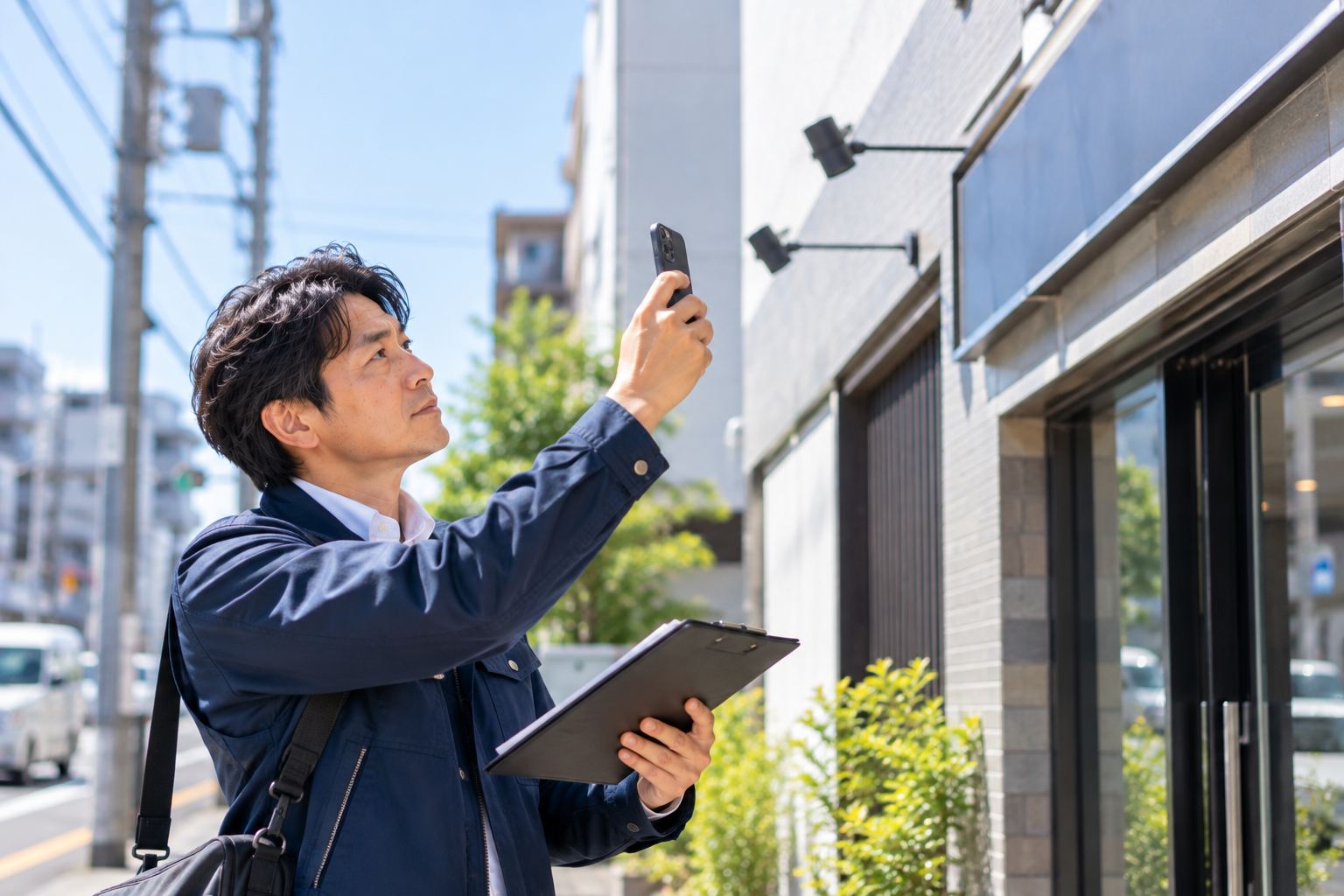 街角で建物を確認しながら写真を撮る様子