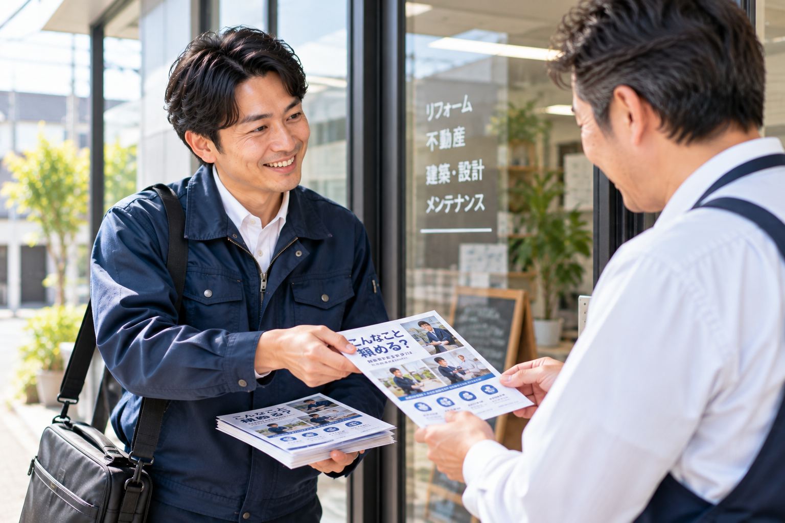 訪問先の店舗でチラシを手渡す様子