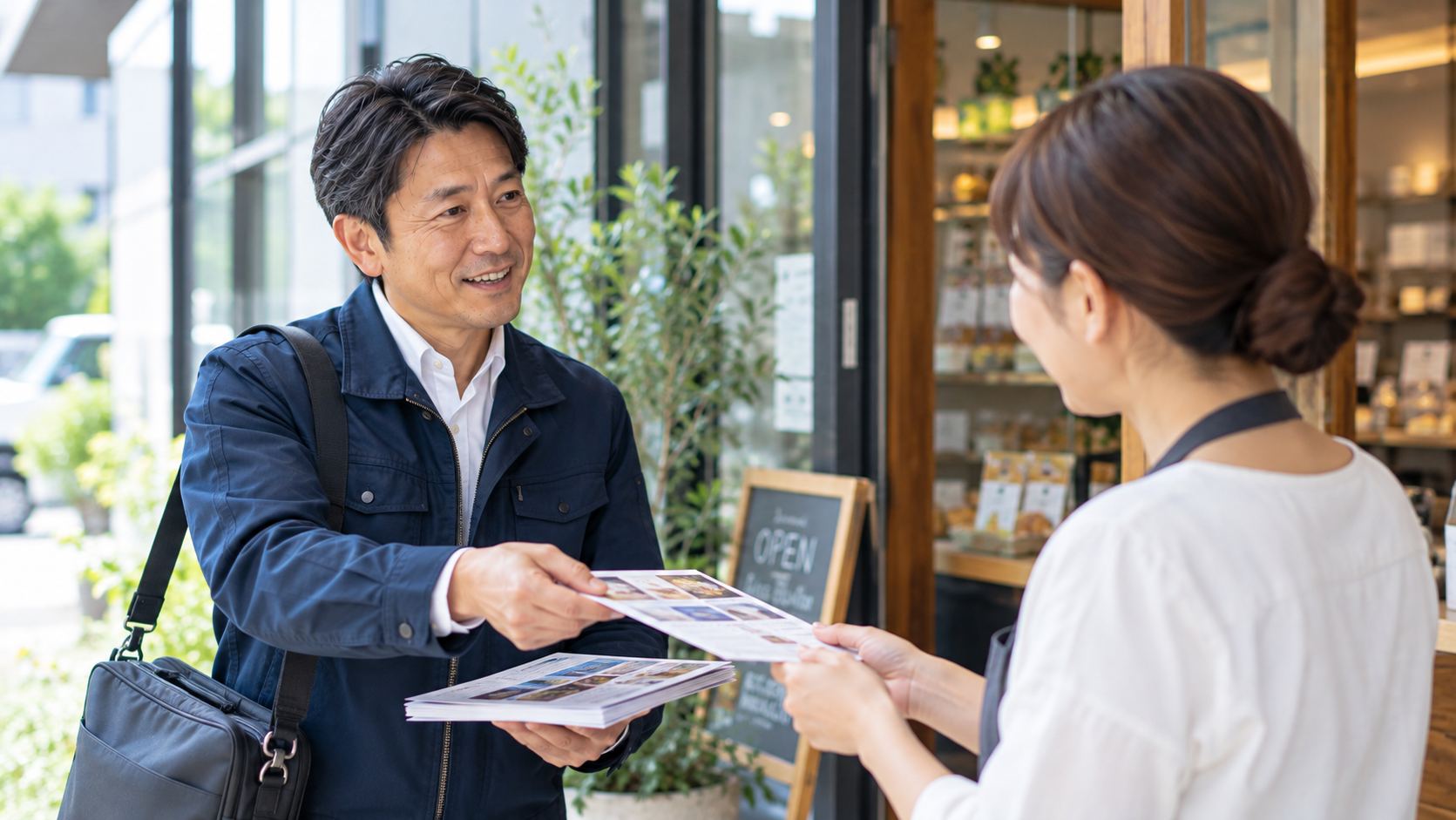 店先でチラシを手渡す様子