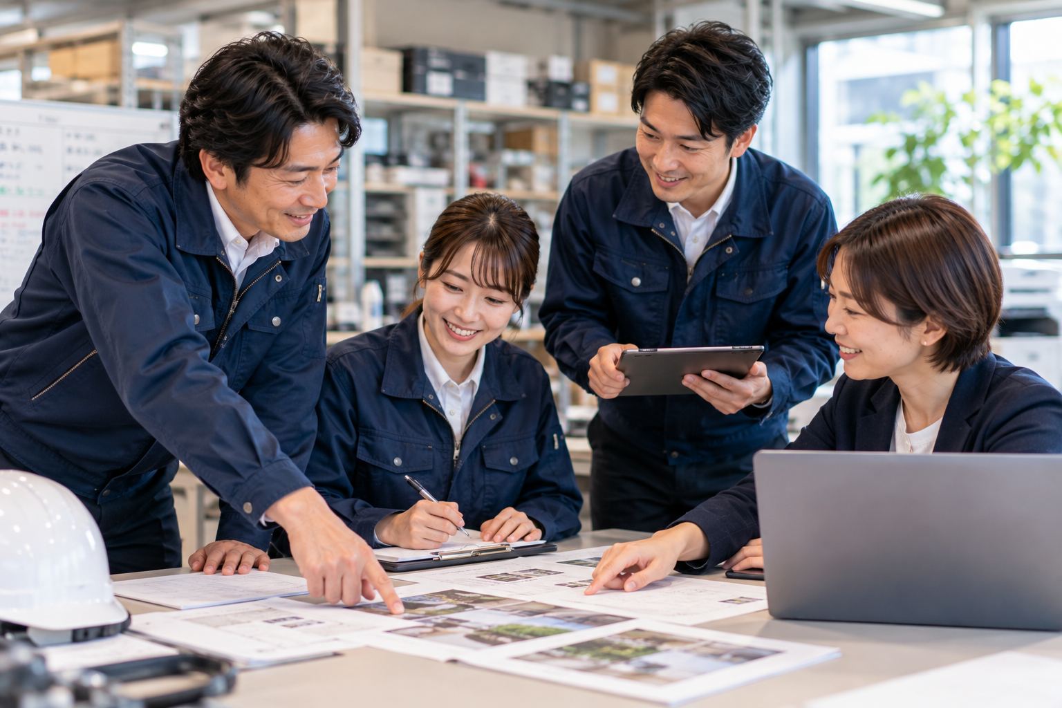図面を囲んで打ち合わせをする現場チーム