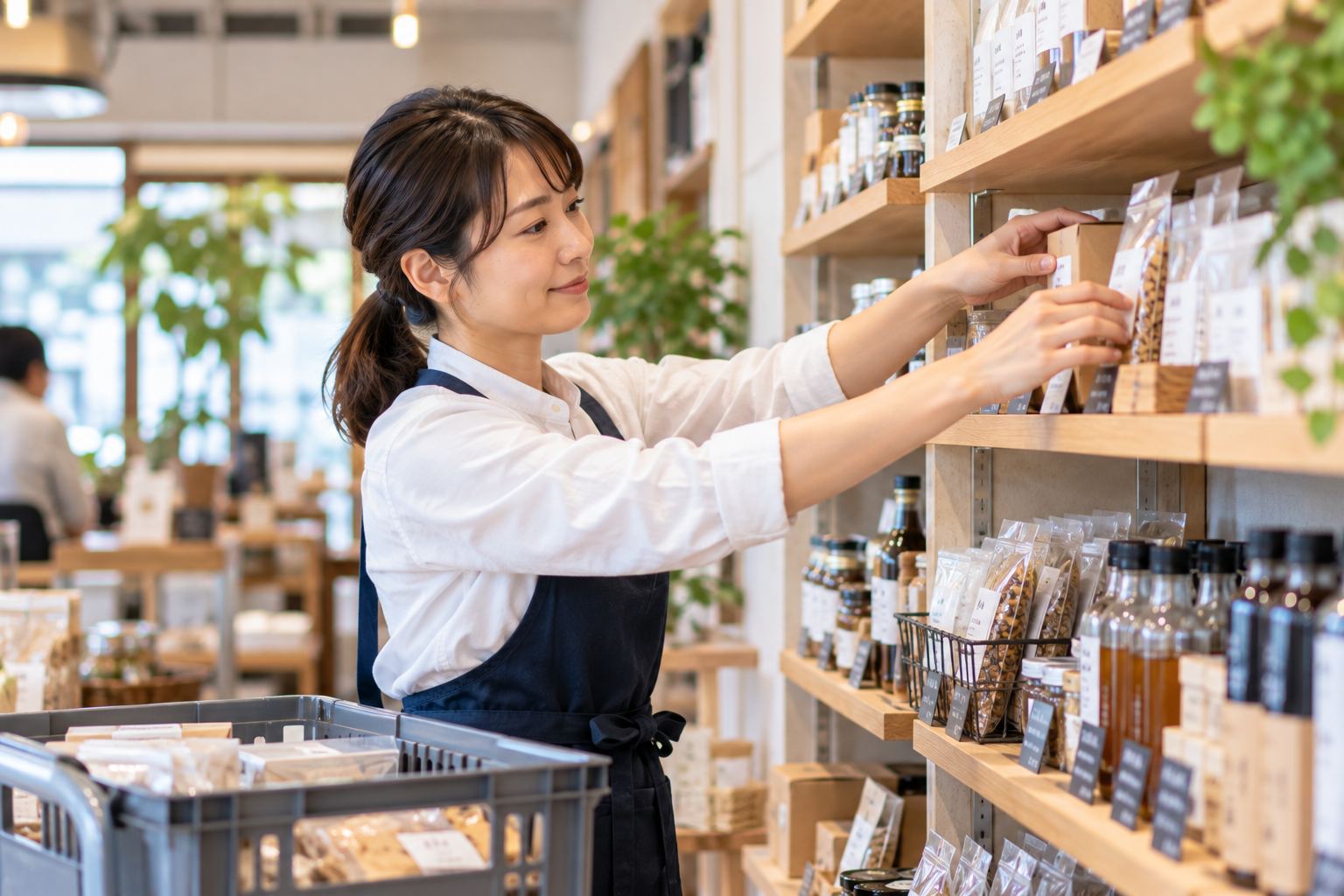 店舗の木棚に商品を並べる様子