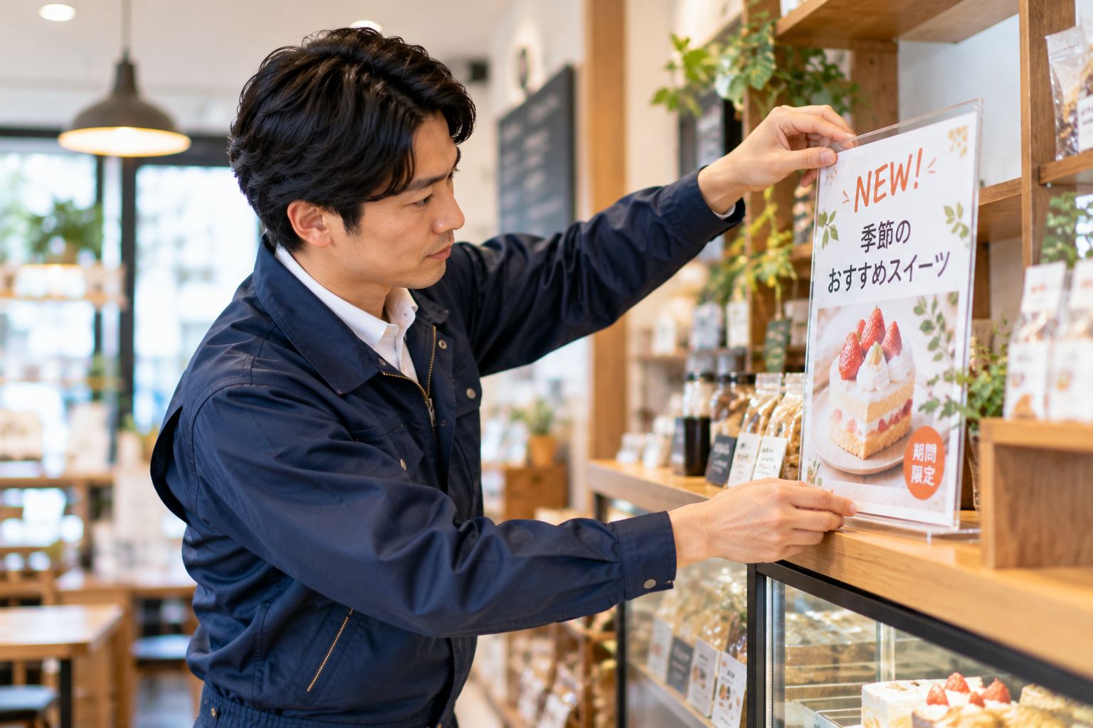 店頭に販促サインを設置する様子