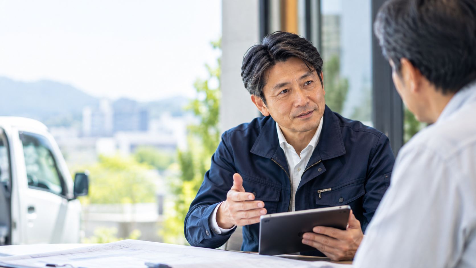 タブレットを手に企業の担当者と打ち合わせをする様子